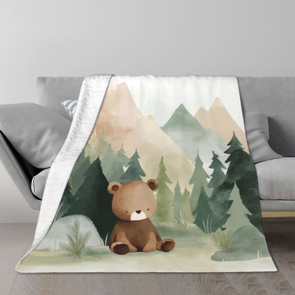 Woodland Bear Throw Blanket, Mountain Pine Forest Artwork, Soft Flannel Fleece, Lightweight Cozy Home Decor 50x40