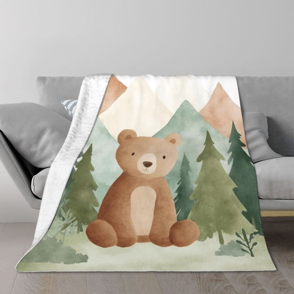 Woodland Bear Throw Blanket, Mountain Pine Forest Artwork, Soft Flannel Fleece, Lightweight Cozy Home Decor 50x40