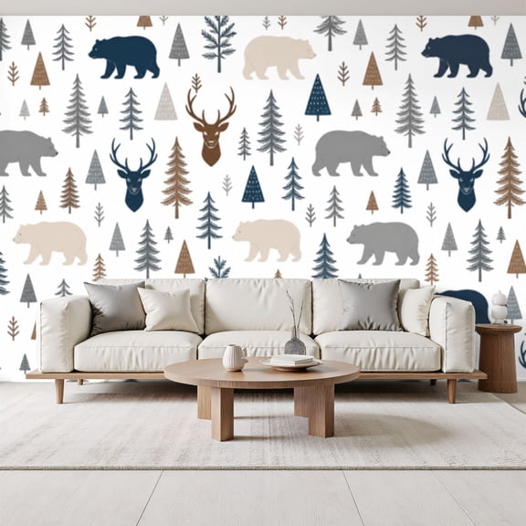 Woodland Bears Deer Stylized Trees Forest Muted Peel and Stick Wall Murals 69"H x 96"W Removable PVC Wallpaper Self-Adhesive Wall Paintings for Bedroom Living Room