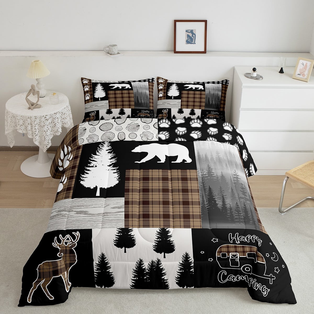 Woodland Bedding Set Hunting Bear Deer Patchwork Brown Buffalo Plaid