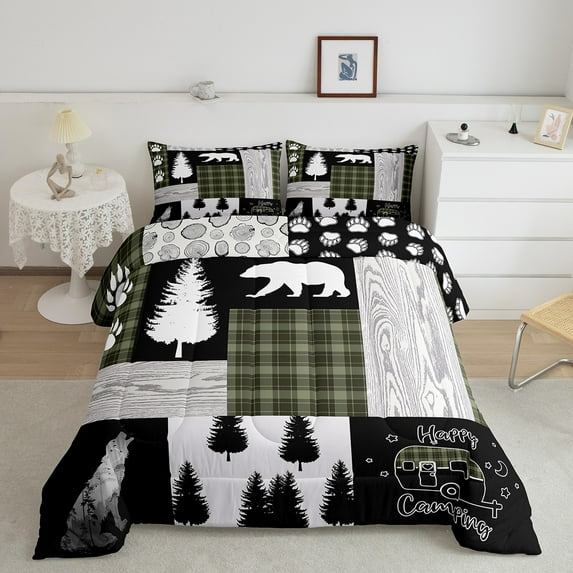 Woodland Bedding Set Hunting Bear Wolf Green Buffalo Plaid Patchwork Comforter Set King Rustic Cabin Decor, Wildlife Animals Down Comforter for RV Camper,Pine Tree Duvet Insert