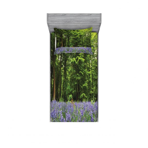 Woodland Bedding Set with Sheet & Covers, Sea of Bluebells Flowers in Forest Springtime April Countryside Seasonal Picture, Printed Bedroom Decor 2 Shams, 4 Sizes, Purple Green, by Ambesonne