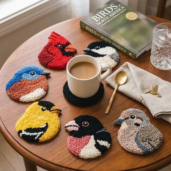 Woodland Birds Punch Needle Coaster Kit – DIY Craft Starter Set with Pre-Printed Pattern Fabric, Yarn, Hoop and Felt Backings – 6-Pack Needlepoint Arts and Crafts for Beginners and Adults