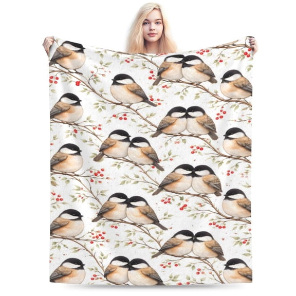 Woodland Birds Throw Blanket, Soft Flannel Fleece Decorative Blanket with Nature-Inspired Bird and Berry Pattern for Sofa Couch Bed 50x40