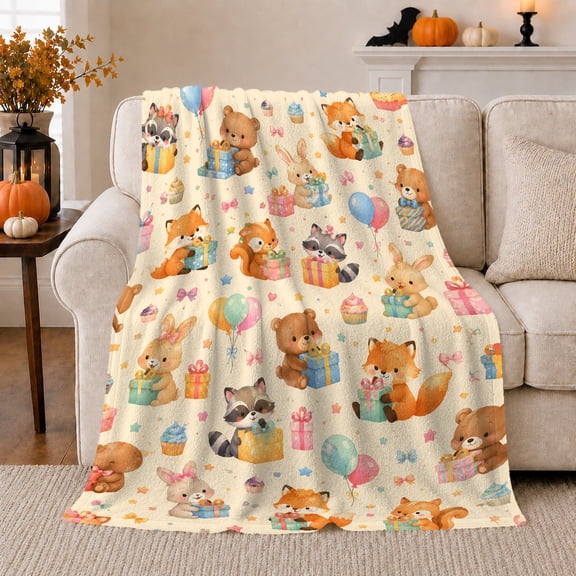 Woodland Birthday Party Pattern in Whimsical Watercolor Style for Kids, Balloon Cupcake Animal Scene, Cozy Flannel Blanket for Nursery and Playroom, Birthday Gift, Woodland Home Decor