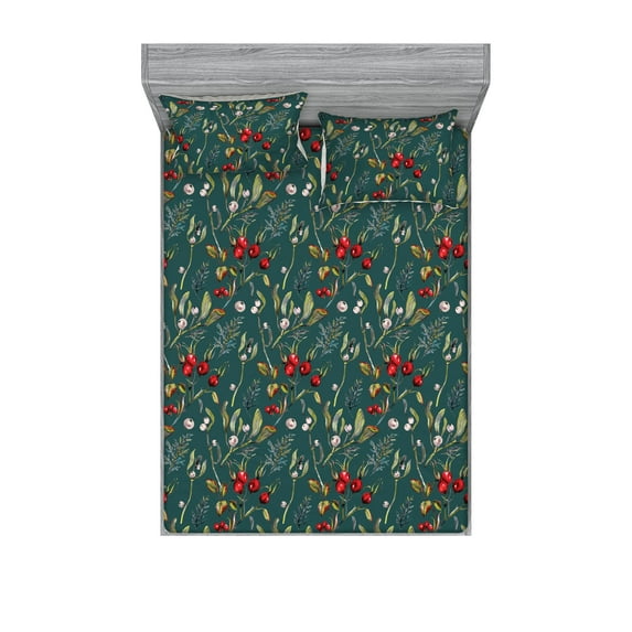 Woodland Boho Fitted Sheet & Pillow Sham Set, Wild Nature Themed Berries Pattern with Leaves Dreamy Forest Artwork, Decorative Printed 3 Piece Bedding Decor, Calking, Dark Coral and Teal, by Ambesonne