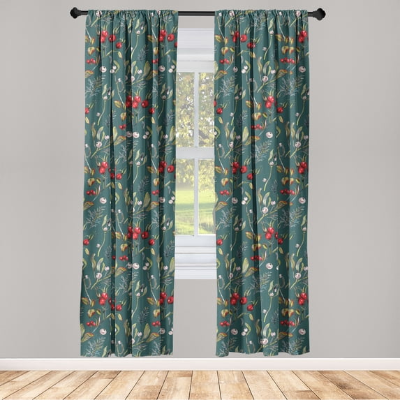 Woodland Boho Window Curtains, Wild Nature Themed Berries Pattern with Leaves Dreamy Forest Artwork, Lightweight Decor 2-Panel Set with Rod Pocket, Pair of - 28"x84", Dark Coral and Teal, by Ambesonne