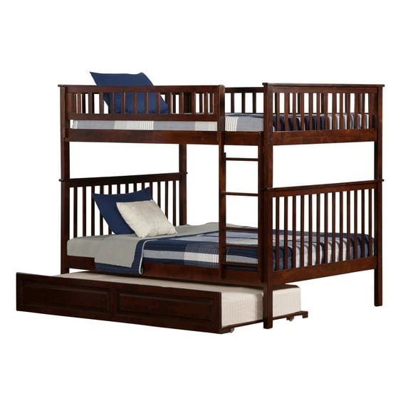 Woodland Bunk Bed Full over Full with Twin Size Raised Panel Trundle Bed in Walnut