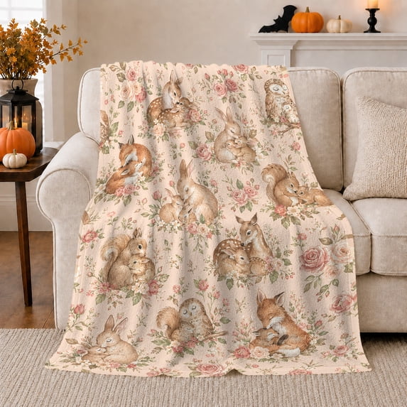 Woodland Bunnies with Rose Garden, Serene Folk Art Style for Rabbit Lovers, Floral Forest Scene and Easter Gift, Cozy Flannel Blanket for Nursery and Bedroom, Home Decor