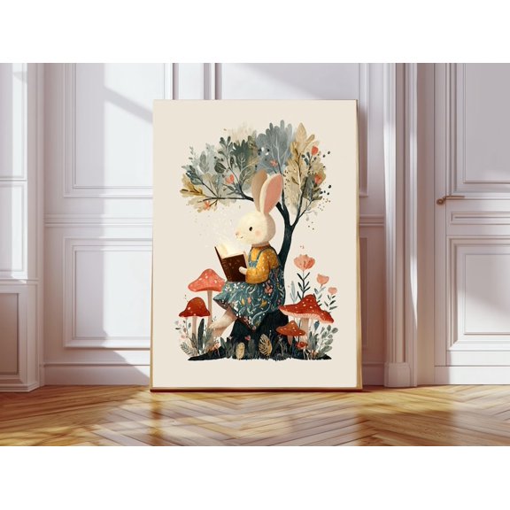 Woodland Bunny Reading Under Tree Poster Print Whimsical Forest Nursery Wall Art Decor 8x12 UNFRAMED