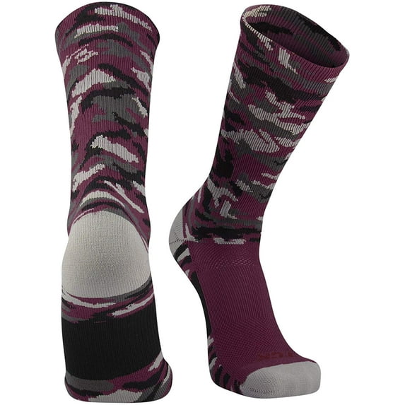 Woodland Camo Crew Socks (Maroon Camo, X-Large)