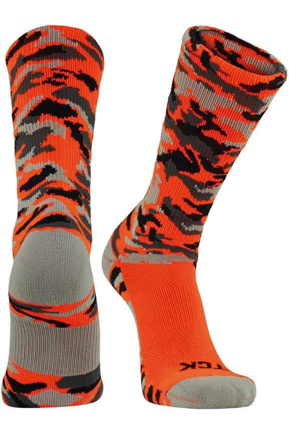 Woodland Camo Crew Socks (Neon Orange Camo, Small)