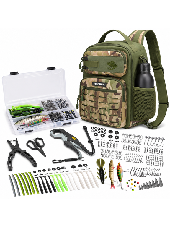 Woodland Camo Fishing Sling Bag with 3500 Tackle Box and Complete Gear Kit