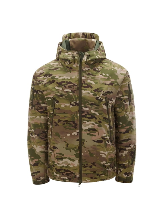 Woodland Camo Softshell Tactical Jacket for Men Waterproof Ripstop Fleece Lined Coat Adjustable Hood Multi Pockets for Winter Hunting