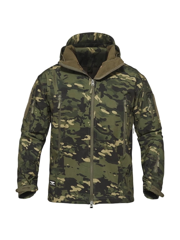 Woodland Camo Softshell Tactical Jacket for Men Waterproof Ripstop Fleece Lined Coat Adjustable Hood Multi Pockets for Winter Hunting