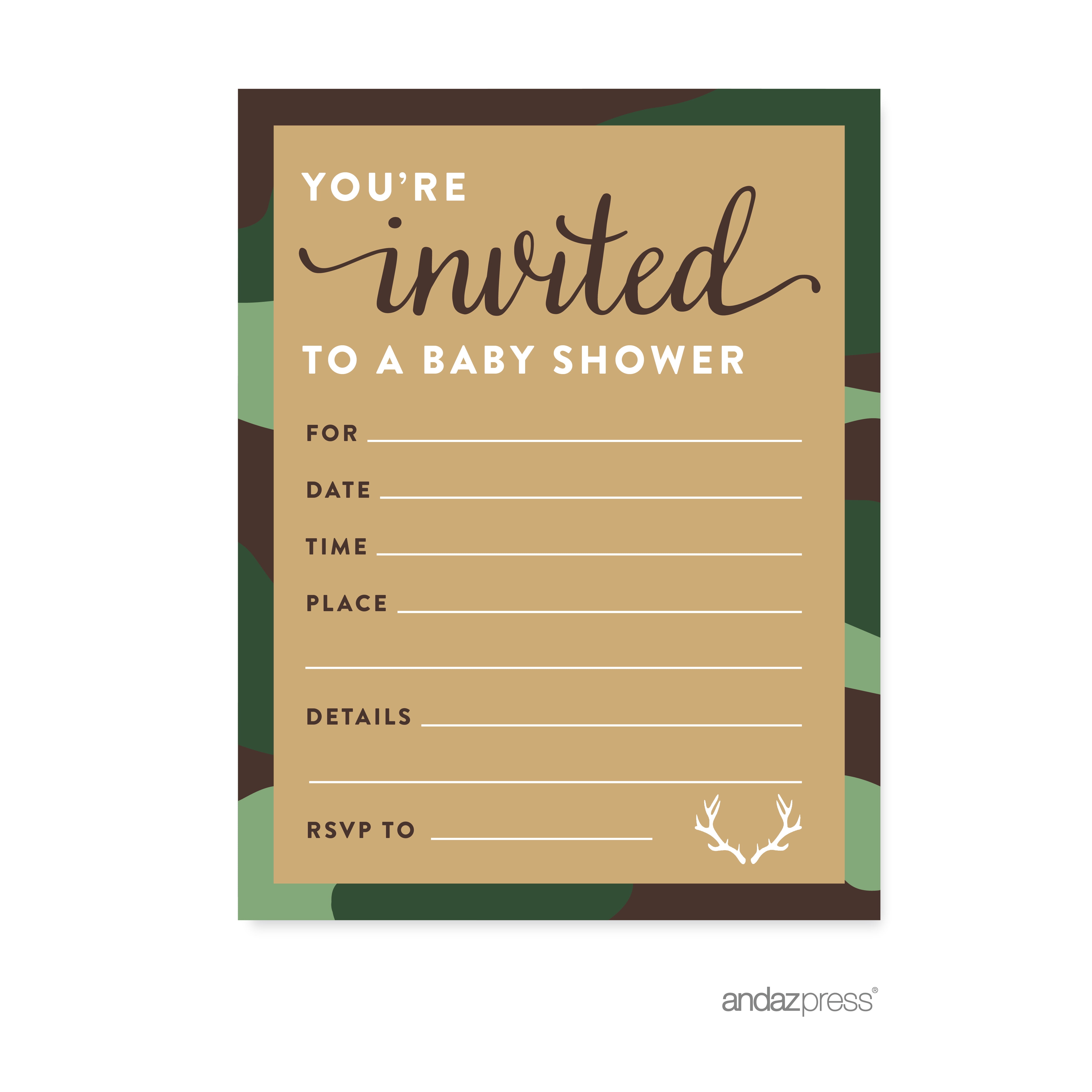 ANDAZ PRESS Woodland Camouflage Boy Baby Shower Blank Invitations, 20-Pack