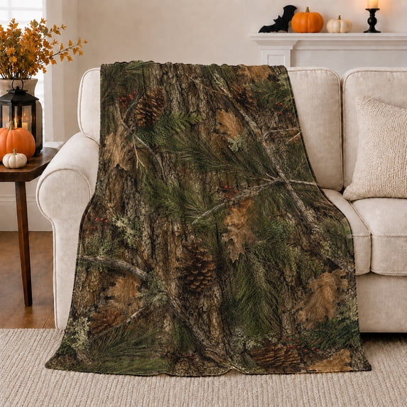 Woodland Camouflage Forest Adventure, Peaceful Mountain Lake Scene, Warm Flannel Blanket for Cabin and Lodge, Outdoor Lovers Valentine's Day Gift, Rustic Home Decor
