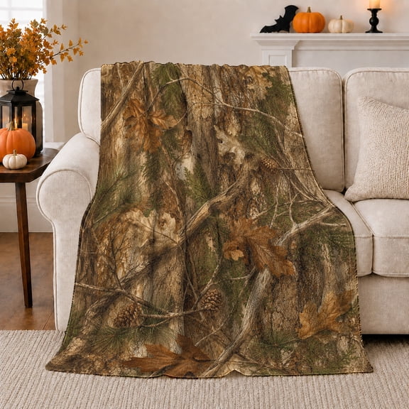 Woodland Camouflage Forest Pattern Pinecones Oak Leaves Rustic, Cozy Woodland Scene, Warm Flannel Blanket for Cabin and Lodge, Art Lovers Valentine's Day Gift, Rustic Home Decor
