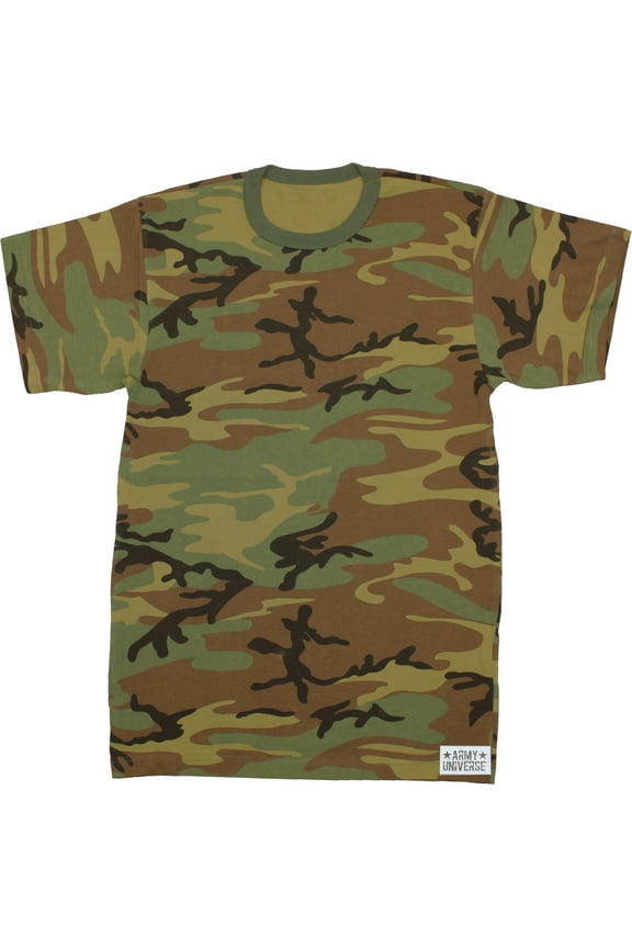 Woodland Camouflage Short Sleeve T-Shirt with ARMY UNIVERSE Pin - Size 2X-Large (49"-53")