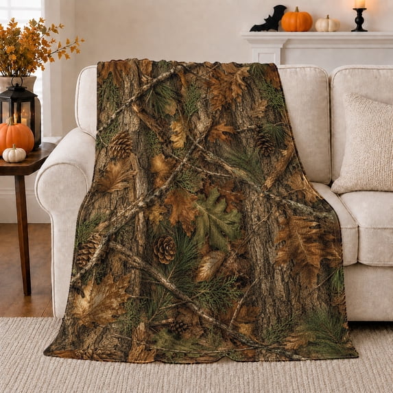 Woodland Camouflage Tree Bark Forest, Peaceful Mountain Lake Scene, Warm Flannel Blanket for Cabin and Lodge with Detailed Artwork, Outdoor Lovers Christmas Gift, Festive Home Decor