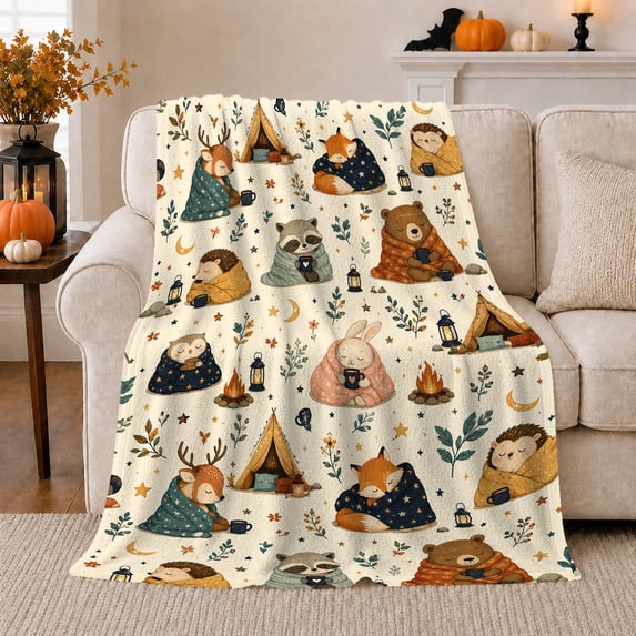 Woodland Campfire Animals Pattern, Peaceful Cartoon Camping Style for Nature Lovers, Moon Lantern Camp Theme and Just Because Gift, Warm Flannel Blanket for Bedroom Living Room, Home Decor