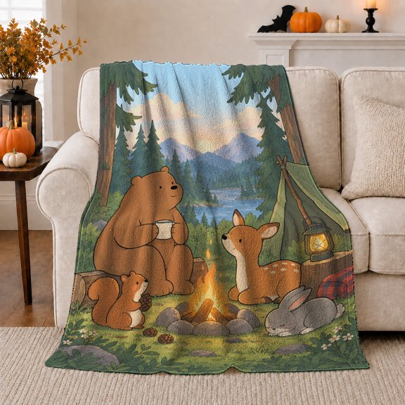 Woodland Campfire Animals Storybook Illustration, Rustic Camping Scene, Warm Flannel Blanket for Cabin and Lodge, Outdoor Lovers Valentine's Day Gift, Rustic Home Decor
