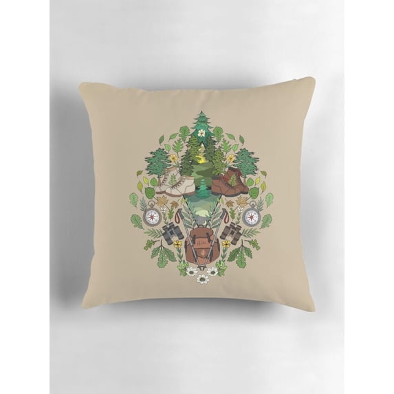 Woodland Camping Collage Green Brown Throw Pillow Cover, Double-Sided ...