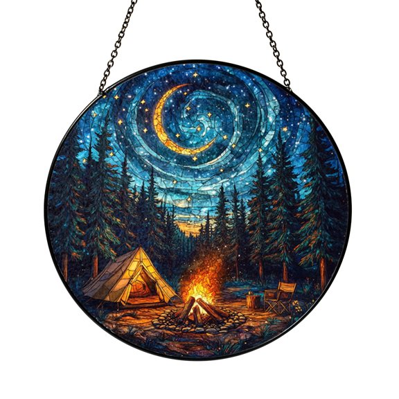 Woodland Camping Scene Stained Glass Suncatcher Window Hanging Nature Inspired Decor