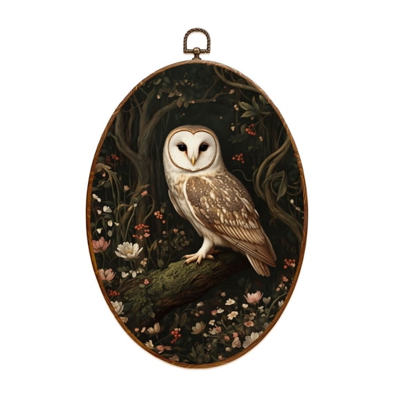 Woodland Canvas Wall Art Barn Owl Perched Branch Surrounded by Floral Forest Oval Framed Canvas Prints Vintage Wall Hanging Decor for Home Decorations 8.6"x11.4"