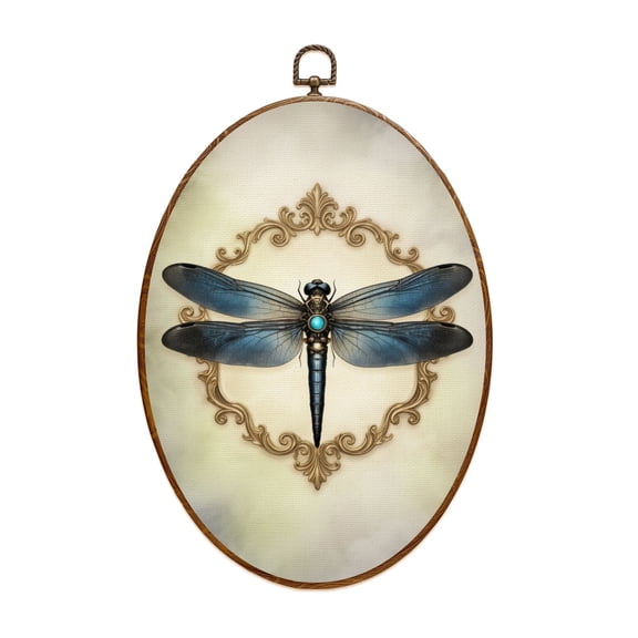 Woodland Canvas Wall Art Blue Dragonfly Ornate Golden Frame Elegant Design Oval Framed Canvas Prints Vintage Wall Hanging Decor for Home Decorations 8.6"x11.4"