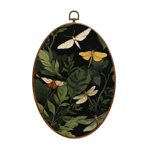 Woodland Canvas Wall Art Colorful Moths Dragonflies Among Green Foliage Oval Framed Canvas Prints Vintage Wall Hanging Decor for Home Decorations 8.6"x11.4"