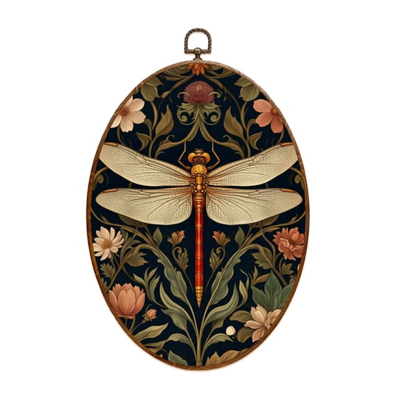 Woodland Canvas Wall Art Dragonfly Ornate Floral Dark Navy Art Nouveau Botanical Style Oval Framed Canvas Prints Vintage Wall Hanging Decor for Home Decorations 8.6"x11.4"