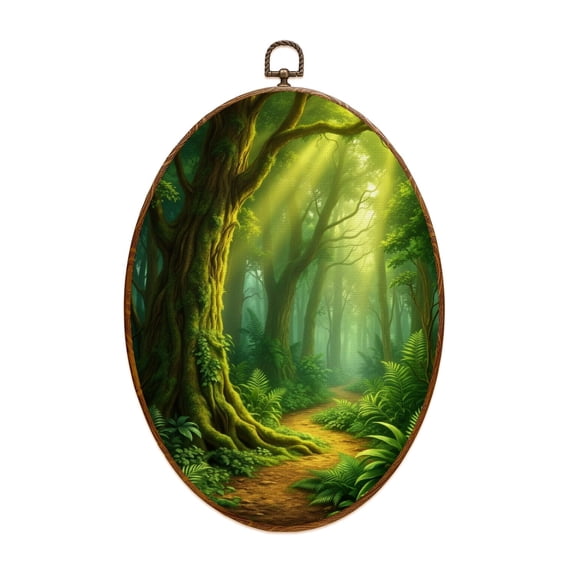 Woodland Canvas Wall Art Sunlit Forest Path Surrounded by Greenery Tall Trees Oval Framed Canvas Prints Vintage Wall Hanging Decor for Home Decorations 8.6"x11.4"