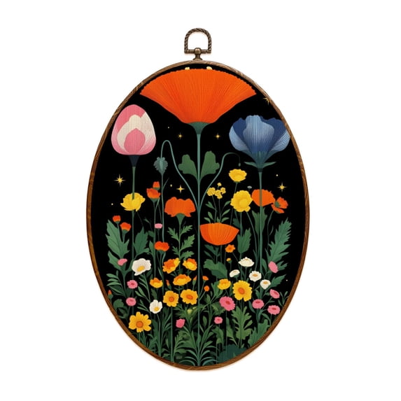 Woodland Canvas Wall Art Vibrant Floral Garden Daisies Colorful Blooms Black Oval Framed Canvas Prints Vintage Wall Hanging Decor for Home Decorations 8.6"x11.4"