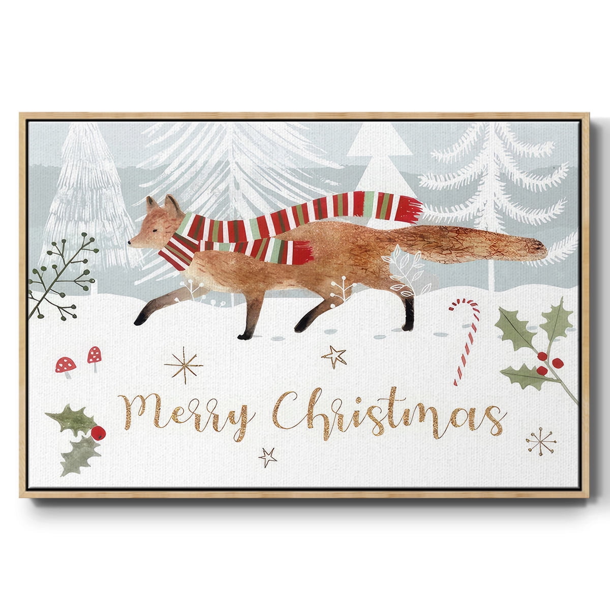 Woodland Christmas Collection A - Framed Gallery Wrapped Holiday Canvas - 25 x 37 - Natural Wood Frame
