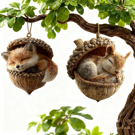 Woodland Christmas Ornaments 2-Pack Resin Forest Animals Hedgehog, Bunny Rabbit in Hazelnut for Tree Whimsical Nature Decor