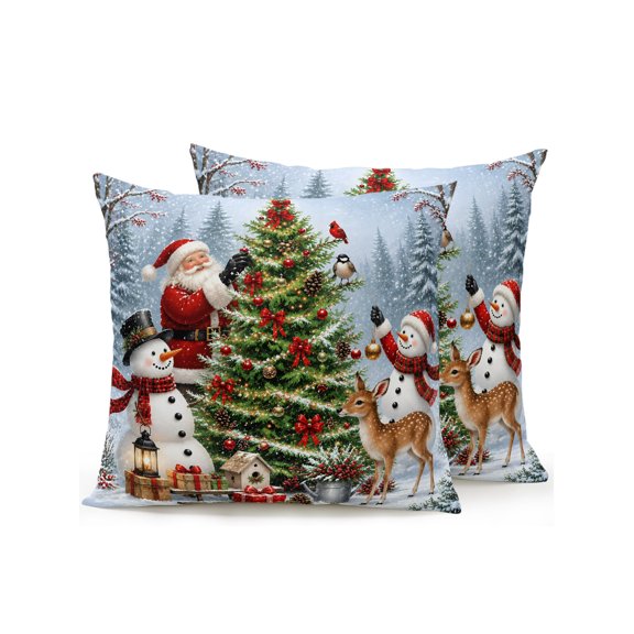 Woodland Christmas Outdoor Throw Pillows with Inserts Set of 2, 16"x16" Santa Claus Christmas Tree Snowman Deer Waterproof Square Patio Pillows for Outside Furniture, Sofa, Porch, Garden