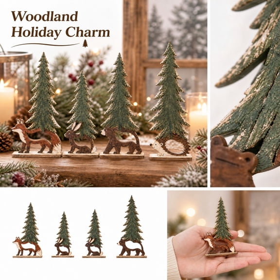 Woodland Christmas Table Decor Set 5 Piece Wooden Rustic Winter Forest Animal Pine Tree Holiday Accent for Mantel Shelf Home Display