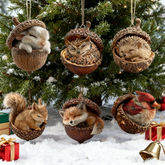 Woodland Creature Acorn Ornaments, 2026 New Forest Animal Christmas Decorations, 6PCS 2D Acrylic Hanging Ornaments for Home & Holiday Dcor