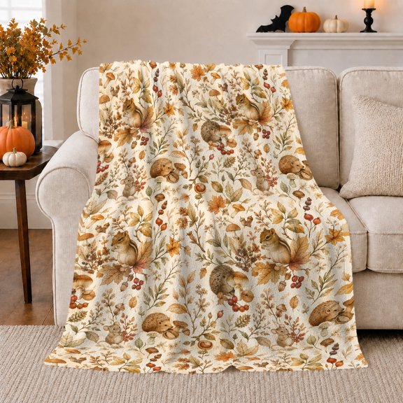 Woodland Creatures Autumn Art Print, Festive Holiday Scene, Warm Flannel Blanket for Living Room and Reading Nook, Art Lovers Christmas Gift, Festive Home Decor