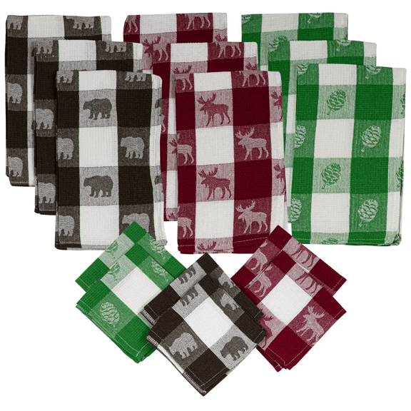 Woodland Creek 15-Piece Checked Cotton Waffle Weave Kitchen Towel Set