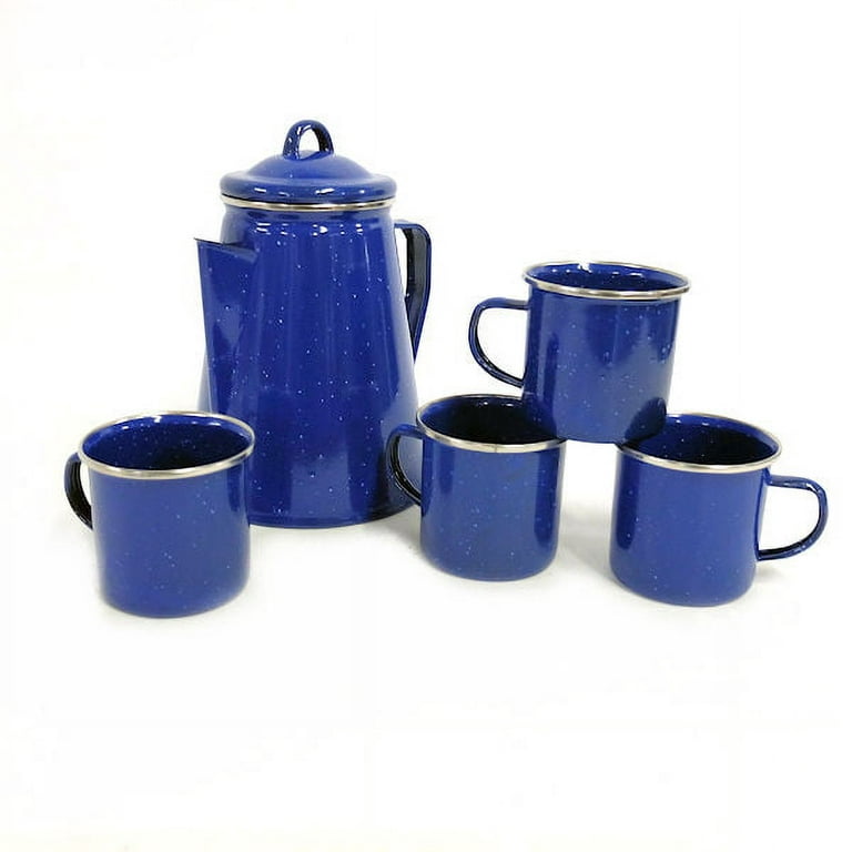 Enamel Percolator Coffee Pot & 4 Mug Set - Blue