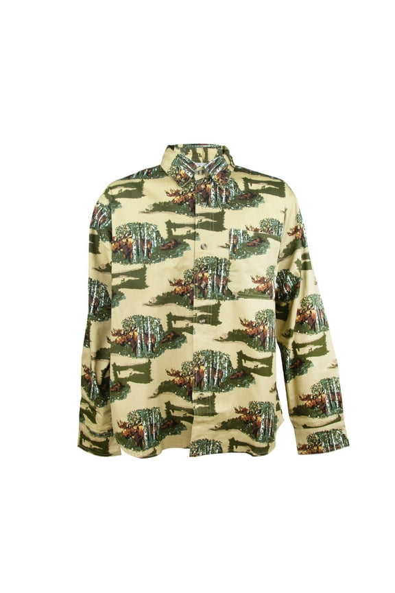 Men's Twill Moose Print Classic Long Sleeve Button-up Shirt, L