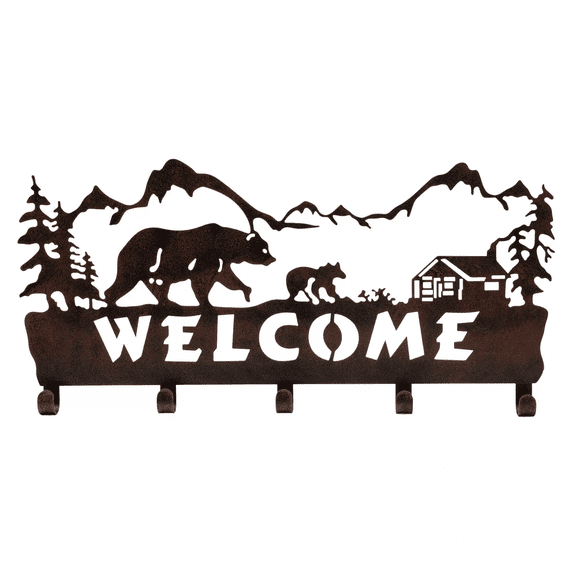 Woodland Creek Rustic Bear Metal WELCOME Sign Coat Rack in Brown