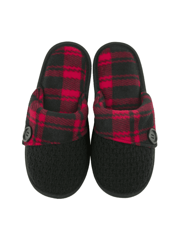 Women's Chenille Knit Red and Black Plaid Slipper, Medium