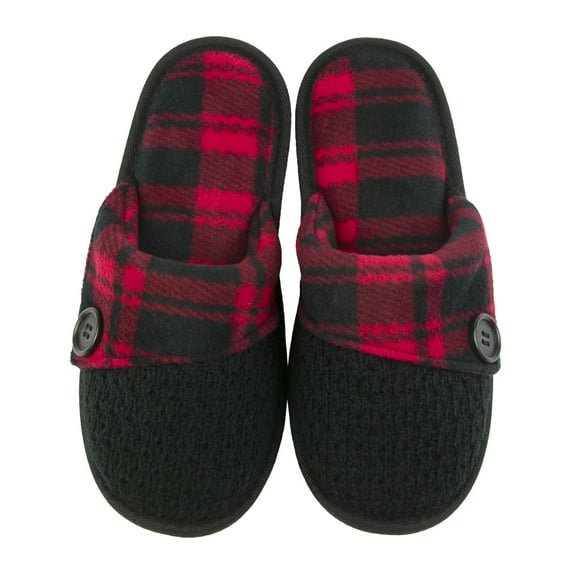 Woodland Creek Women's Chenille Knit Red and Black Plaid Slipper, Small