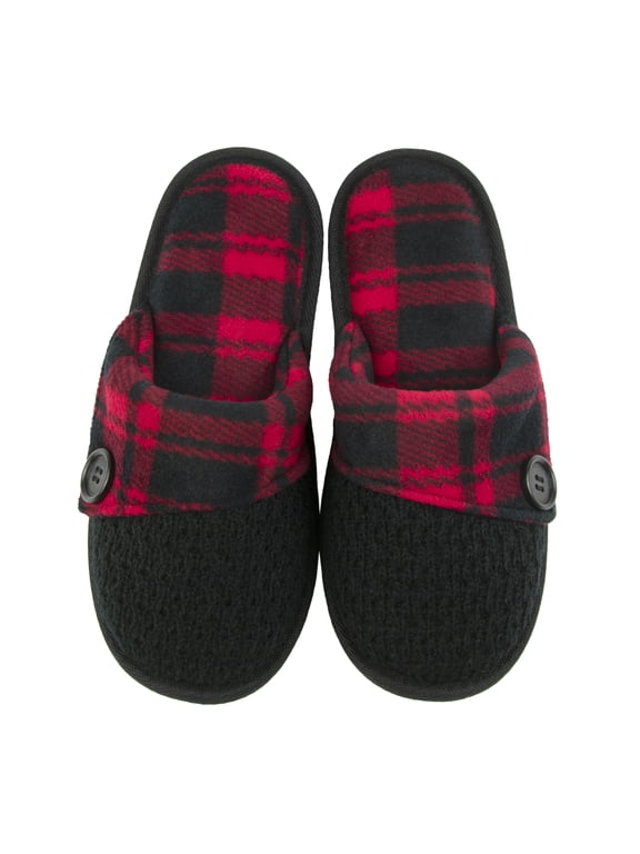 Women's Chenille Knit Red and Black Plaid Slipper, Small