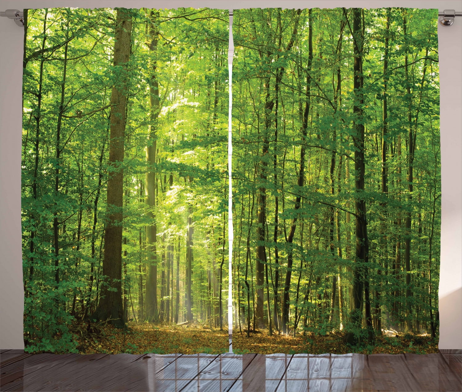 Green Forest Polyester Room-Darkening Rod Pocket Curtain Panels