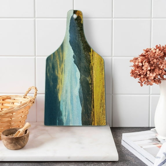 Woodland Cutting Board, Autumn in Mountain Yellow Colored Grassland Sun Rays Clouds Cloudscape, Tempered Glass Cutting and Serving Board, Wine Bottle Shape, Earth Yellow Bluegrey, by Ambesonne
