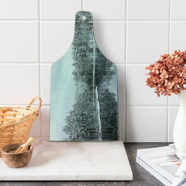 Woodland Cutting Board, Lake Surrounded by Snow Covered Trees on a Cold Winter Day in Finland Reflections, Tempered Glass Cutting and Serving Board, Wine Bottle Shape, White Brown, by Ambesonne